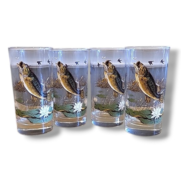 Lot Of 4 Vintage Libby Drinking Glasses With Large Mouth Bass Design - Picture 1 of 9